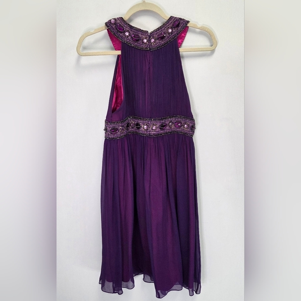 Vintage Y2K Cache Silk Embellished Purple Halter Chiffon Dress Size 4 - Picture 4 of 7